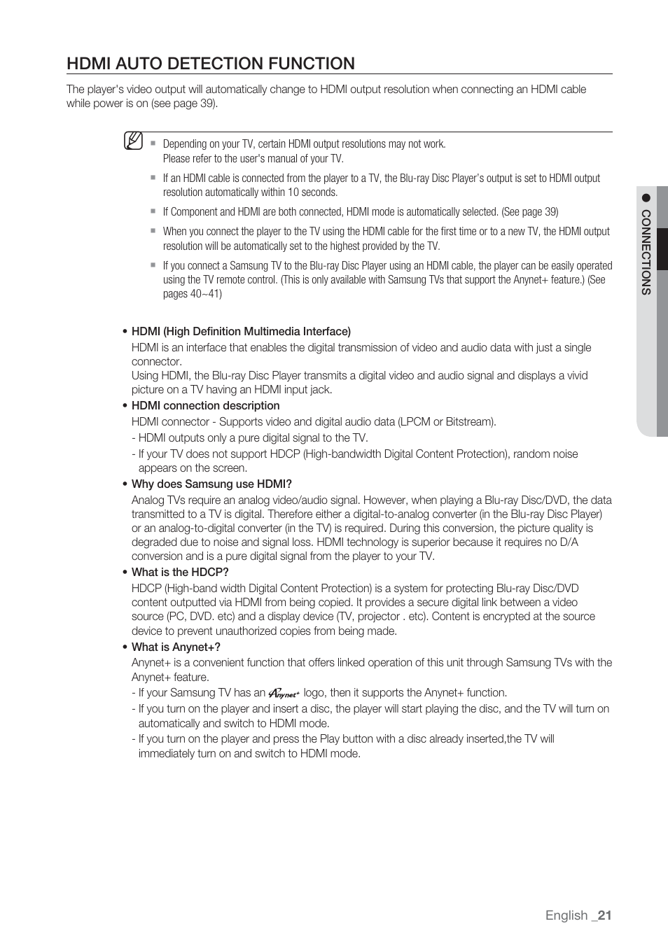 Hdmi auto detection function | Samsung BD-P1500-XAA User Manual | Page 21 / 67