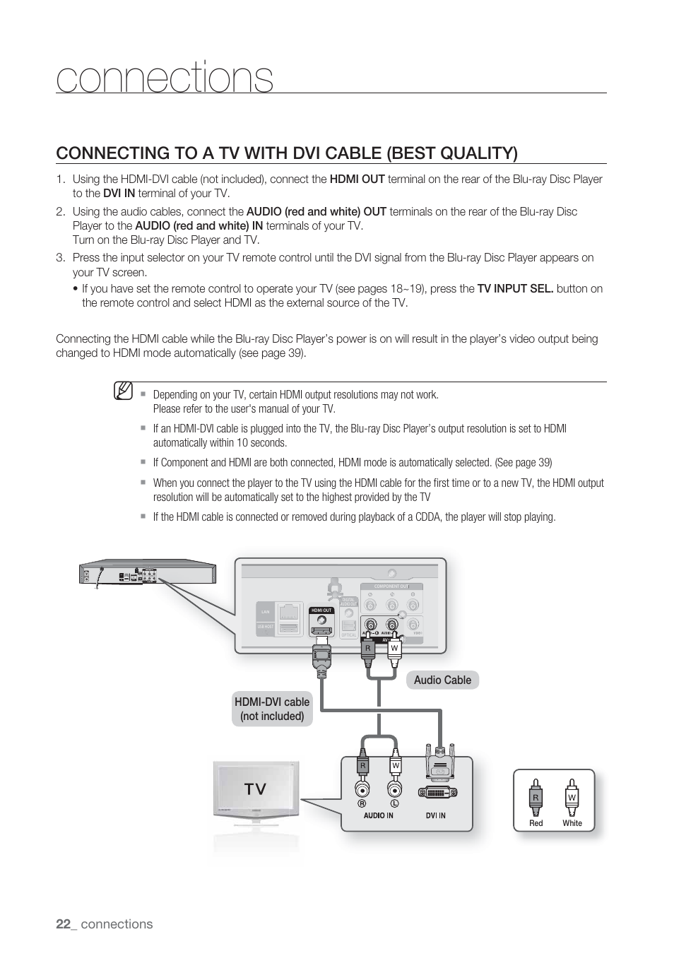 Connecting to a tv with dvi cable (best quality), Connections | Samsung BD-P1500-XAA User Manual | Page 22 / 67