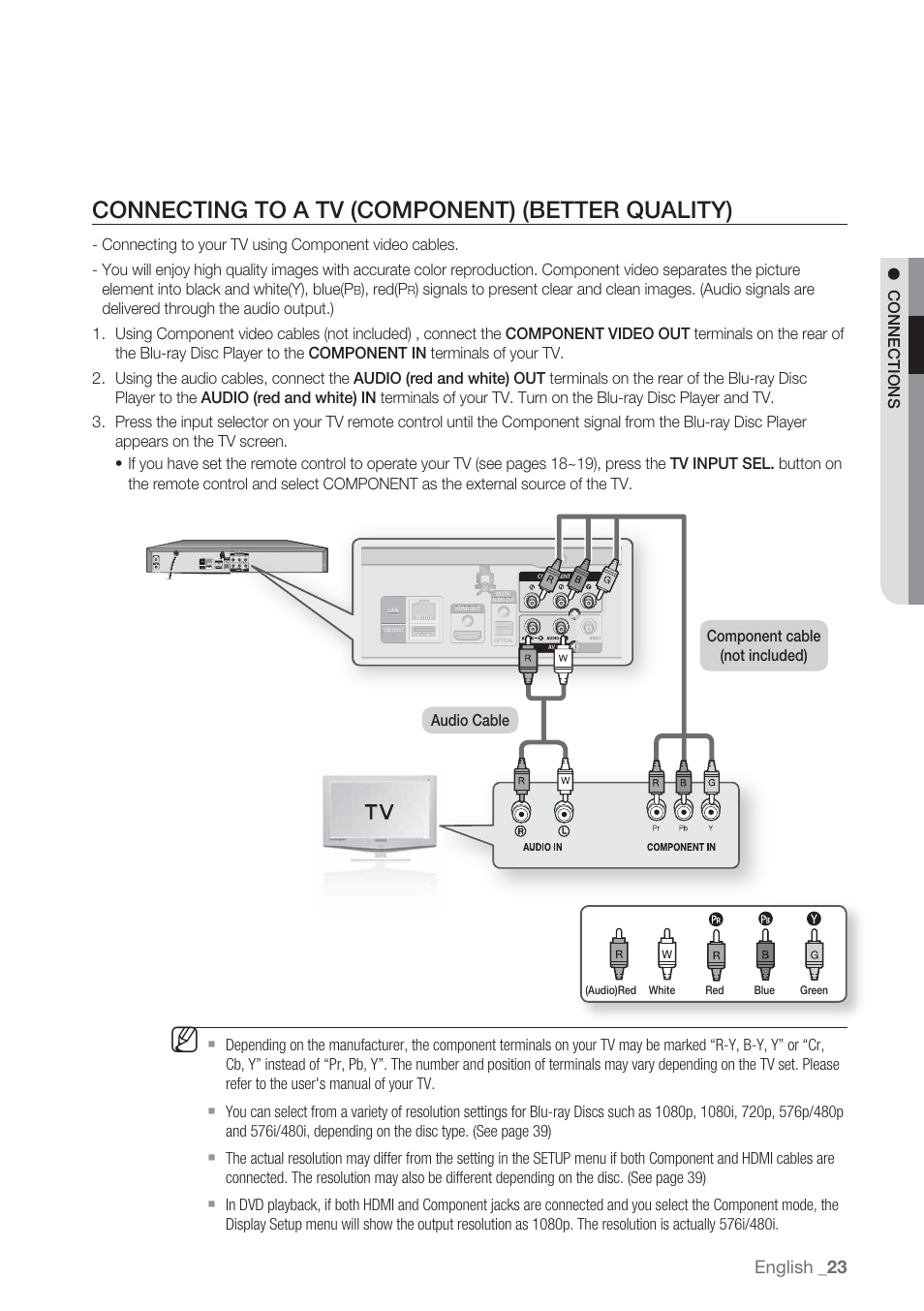 Connecting to a tv (component) (better quality), English | Samsung BD-P1500-XAA User Manual | Page 23 / 67