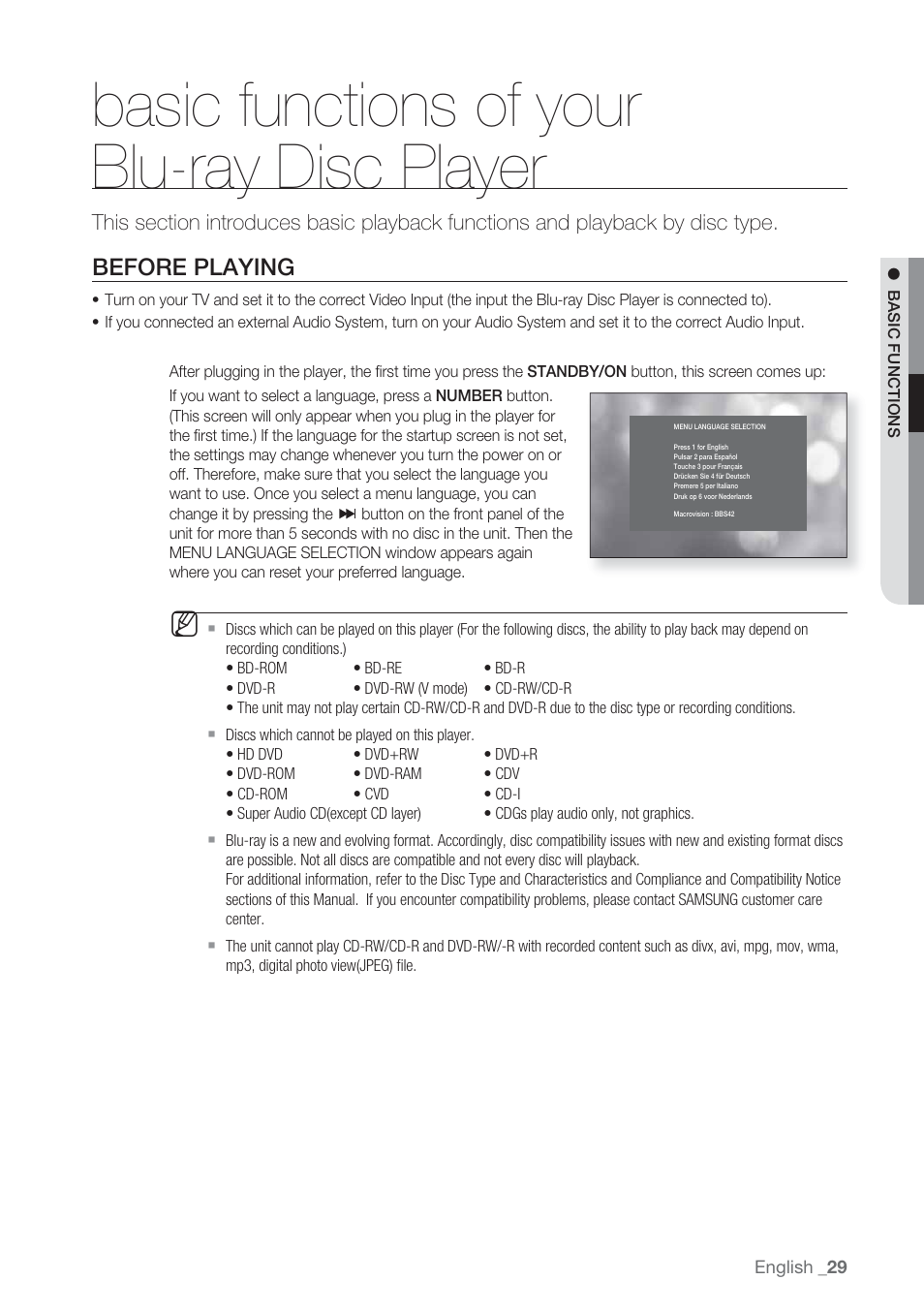Basic functions of yourblu-ray disc player, Before playing, Basic functions of your blu-ray disc player | Samsung BD-P1500-XAA User Manual | Page 29 / 67