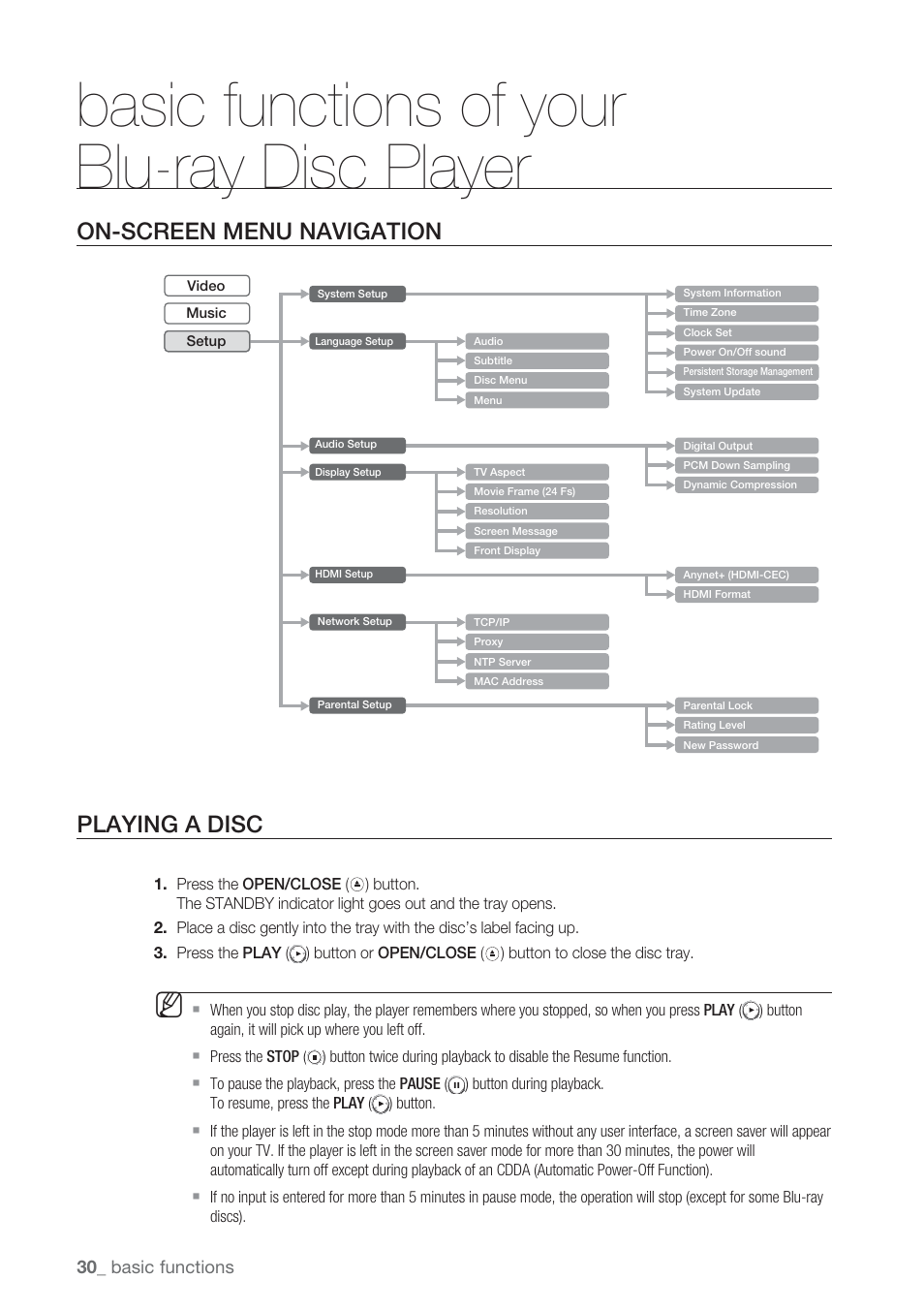 On-screen menu navigation, Playing a disc, Basic functions of your blu-ray disc player | On-screen menu navigation playing a disc | Samsung BD-P1500-XAA User Manual | Page 30 / 67