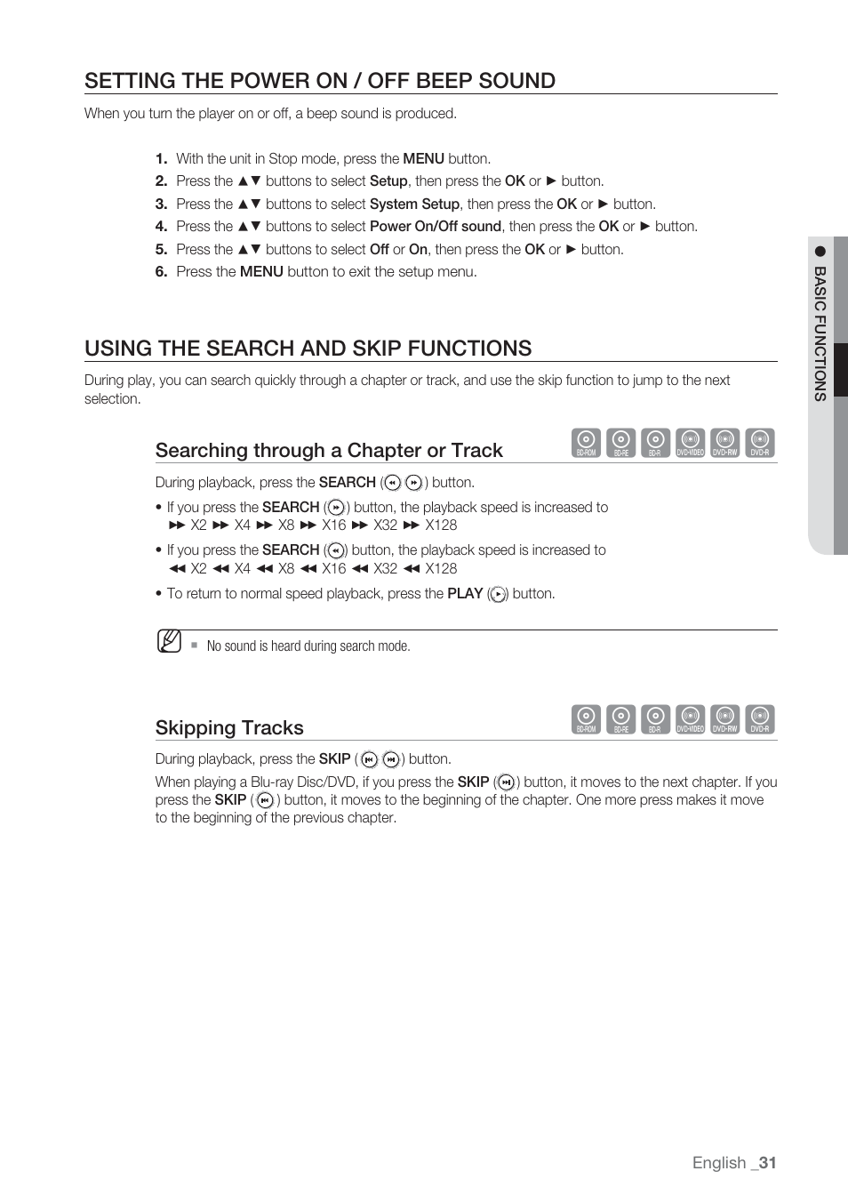 Setting the power on / off beep sound, Using the search and skip functions, Hgfzcv | Searching through a chapter or track, Skipping tracks | Samsung BD-P1500-XAA User Manual | Page 31 / 67