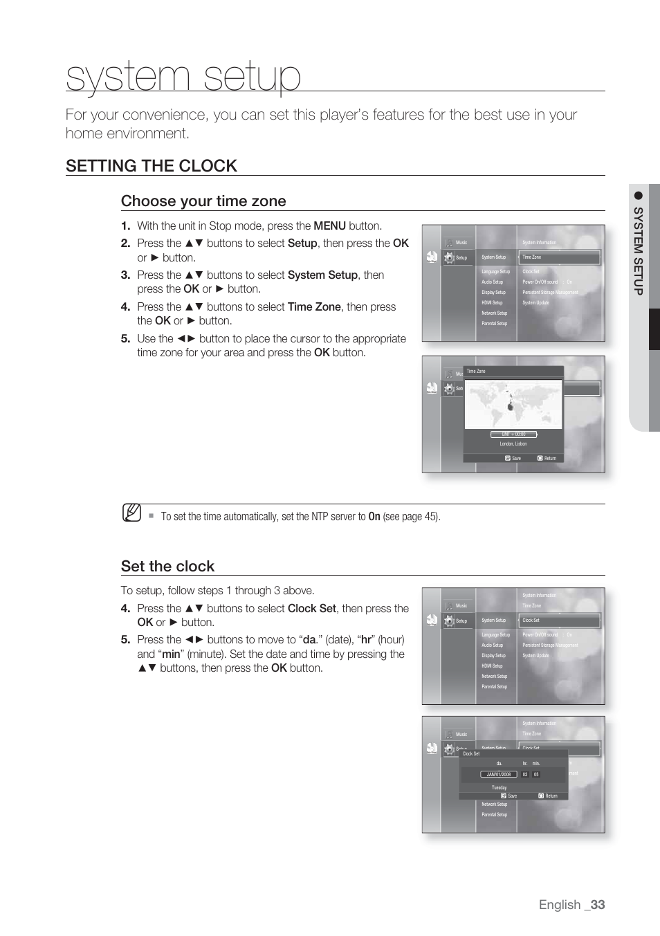 System setup, Setting the clock, Choose your time zone | Set the clock, English | Samsung BD-P1500-XAA User Manual | Page 33 / 67
