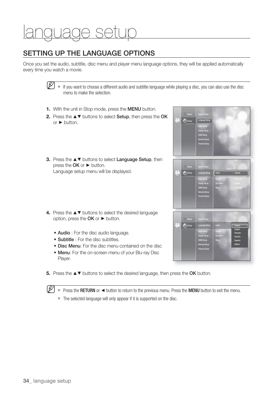 Language setup, Setting up the language options | Samsung BD-P1500-XAA User Manual | Page 34 / 67