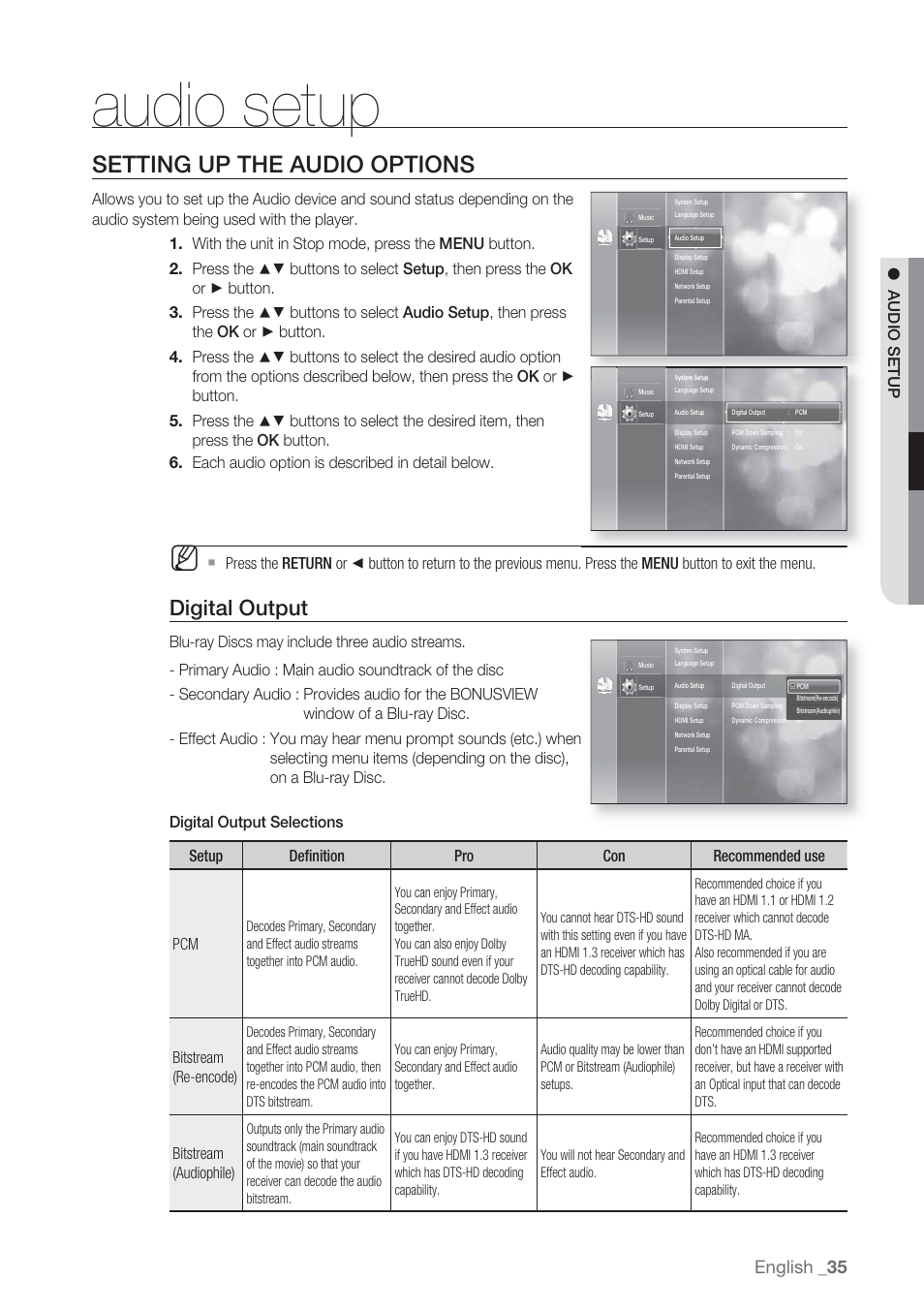 Audio setup, Setting up the audio options, Digital output | English, Bitstream (re-encode), Bitstream (audiophile) | Samsung BD-P1500-XAA User Manual | Page 35 / 67