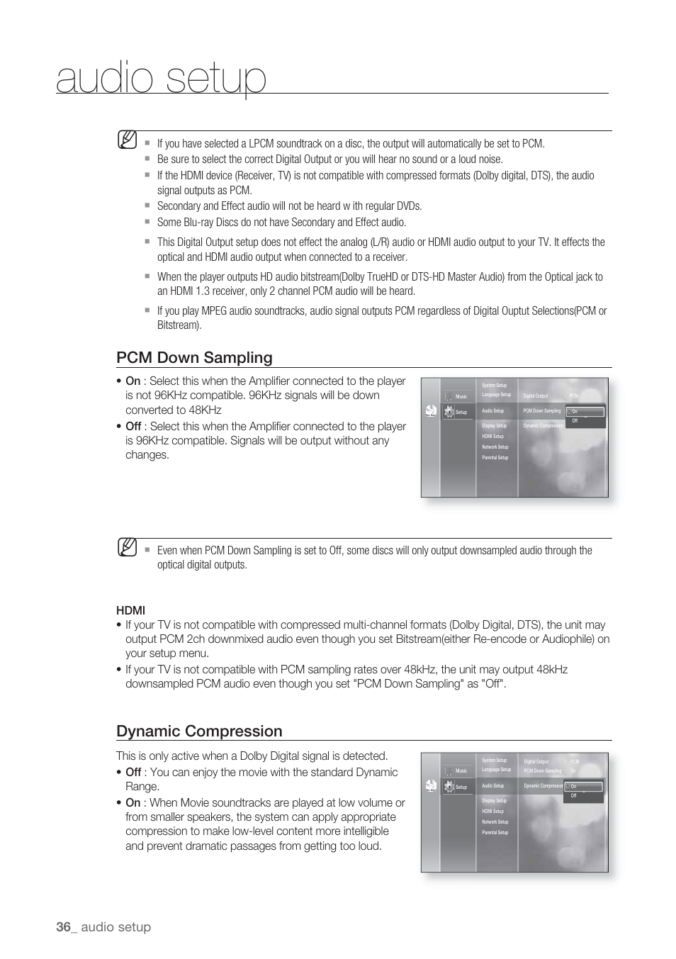 Pcm down sampling, Dynamic compression, Audio setup | Samsung BD-P1500-XAA User Manual | Page 36 / 67