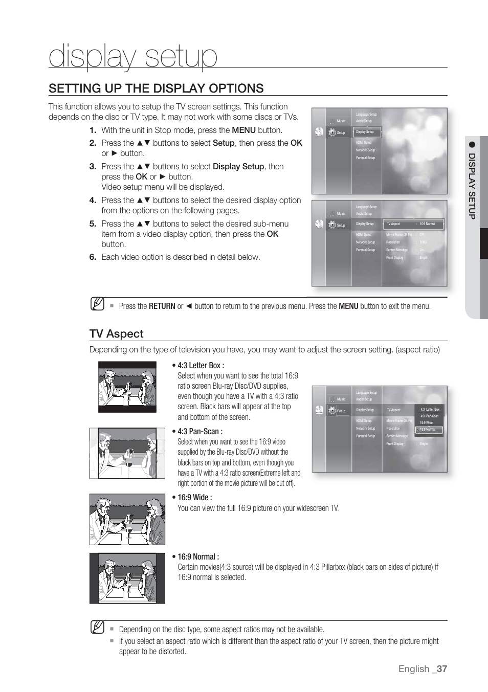 Display setup, Setting up the display options, Tv aspect | English | Samsung BD-P1500-XAA User Manual | Page 37 / 67