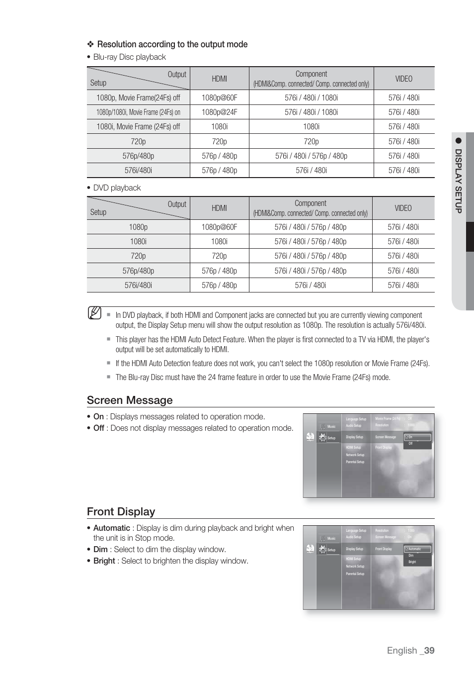 Screen message, Front display, English | Resolution according to the output mode | Samsung BD-P1500-XAA User Manual | Page 39 / 67