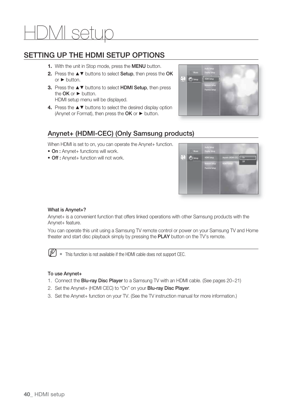 Hdmi setup, Setting up the hdmi setup options, Anynet+ (hdmi-cec) (only samsung products) | Samsung BD-P1500-XAA User Manual | Page 40 / 67