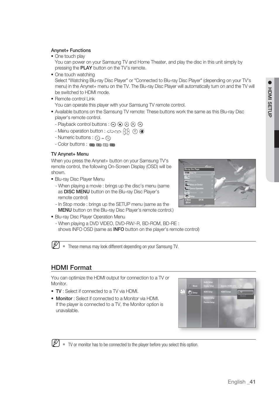 Hdmi format, English, Numeric buttons : - color buttons | Samsung BD-P1500-XAA User Manual | Page 41 / 67