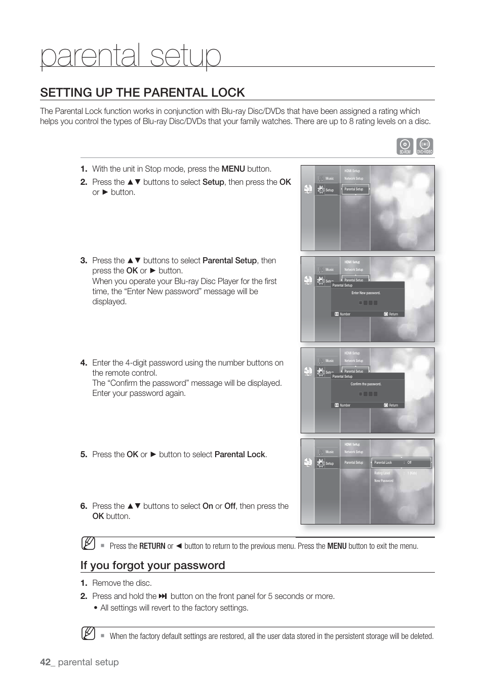 Parental setup, Setting up the parental lock, If you forgot your password | Samsung BD-P1500-XAA User Manual | Page 42 / 67