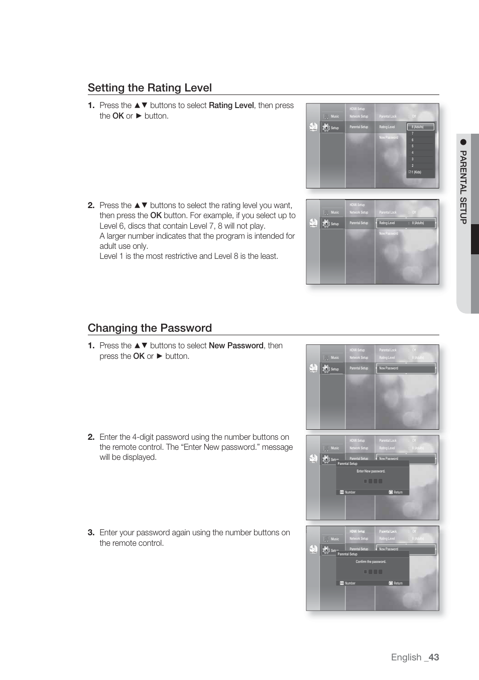 Setting the rating level, Changing the password, English | Parental setup | Samsung BD-P1500-XAA User Manual | Page 43 / 67
