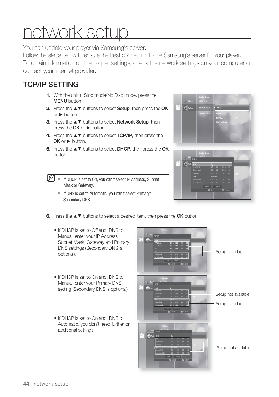 Network setup, Tcp/ip setting, Setup not available setup available | Setup available, Setup not available | Samsung BD-P1500-XAA User Manual | Page 44 / 67