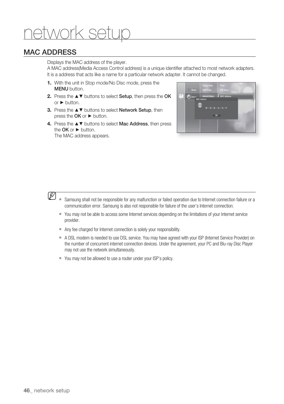Mac address, Network setup | Samsung BD-P1500-XAA User Manual | Page 46 / 67