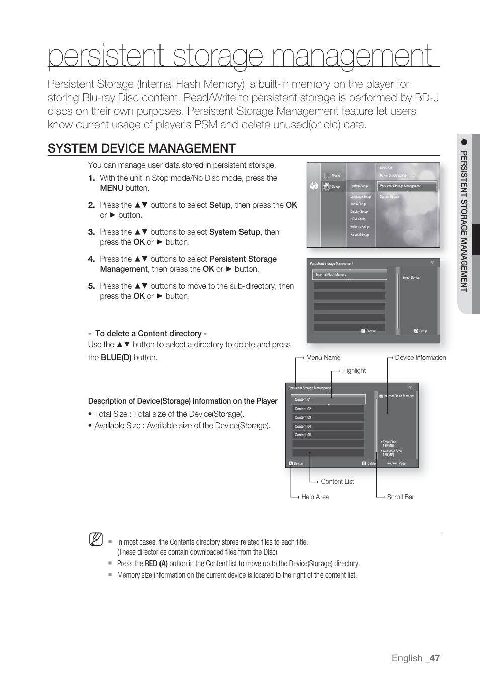 Persistent storage management, System device management, English | Samsung BD-P1500-XAA User Manual | Page 47 / 67