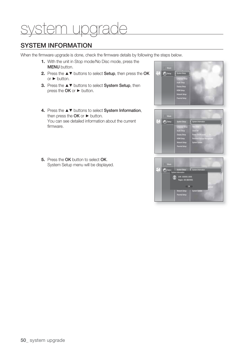 System information, System upgrade | Samsung BD-P1500-XAA User Manual | Page 50 / 67