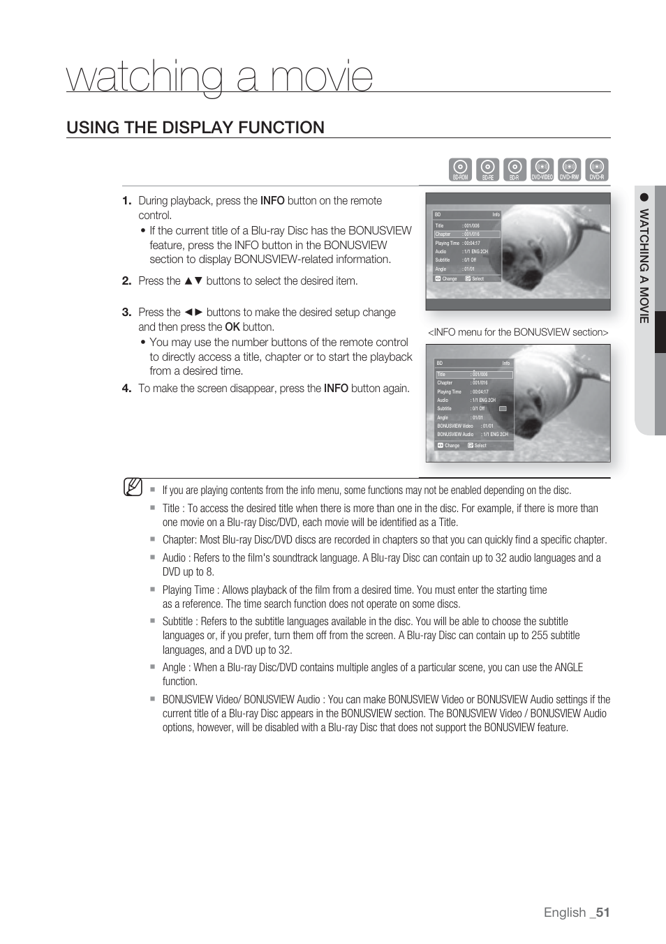 Watching a movie, Using the display function, Hgfzcv | English | Samsung BD-P1500-XAA User Manual | Page 51 / 67