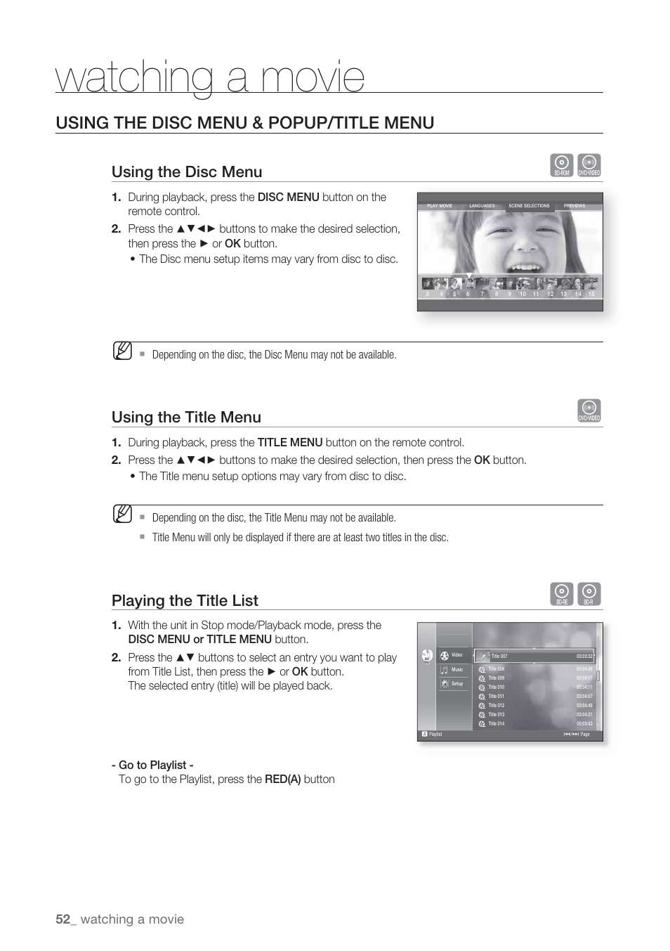 Using the disc menu & popup/title menu, Using the disc menu, Using the title menu | Playing the title list, Watching a movie | Samsung BD-P1500-XAA User Manual | Page 52 / 67