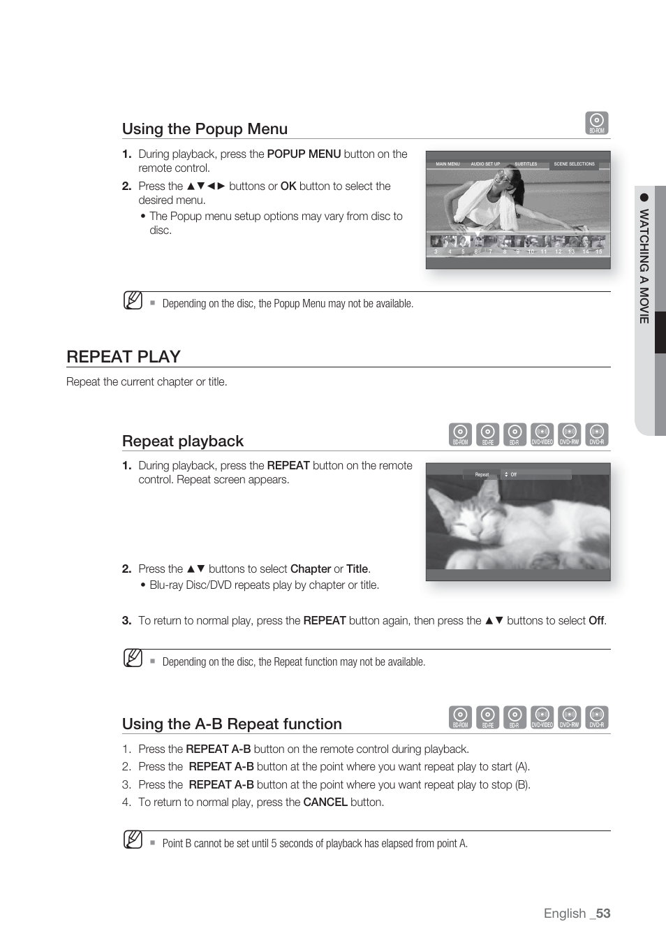 Repeat play, Hgfzcv, Using the popup menu | Repeat playback, Using the a-b repeat function | Samsung BD-P1500-XAA User Manual | Page 53 / 67
