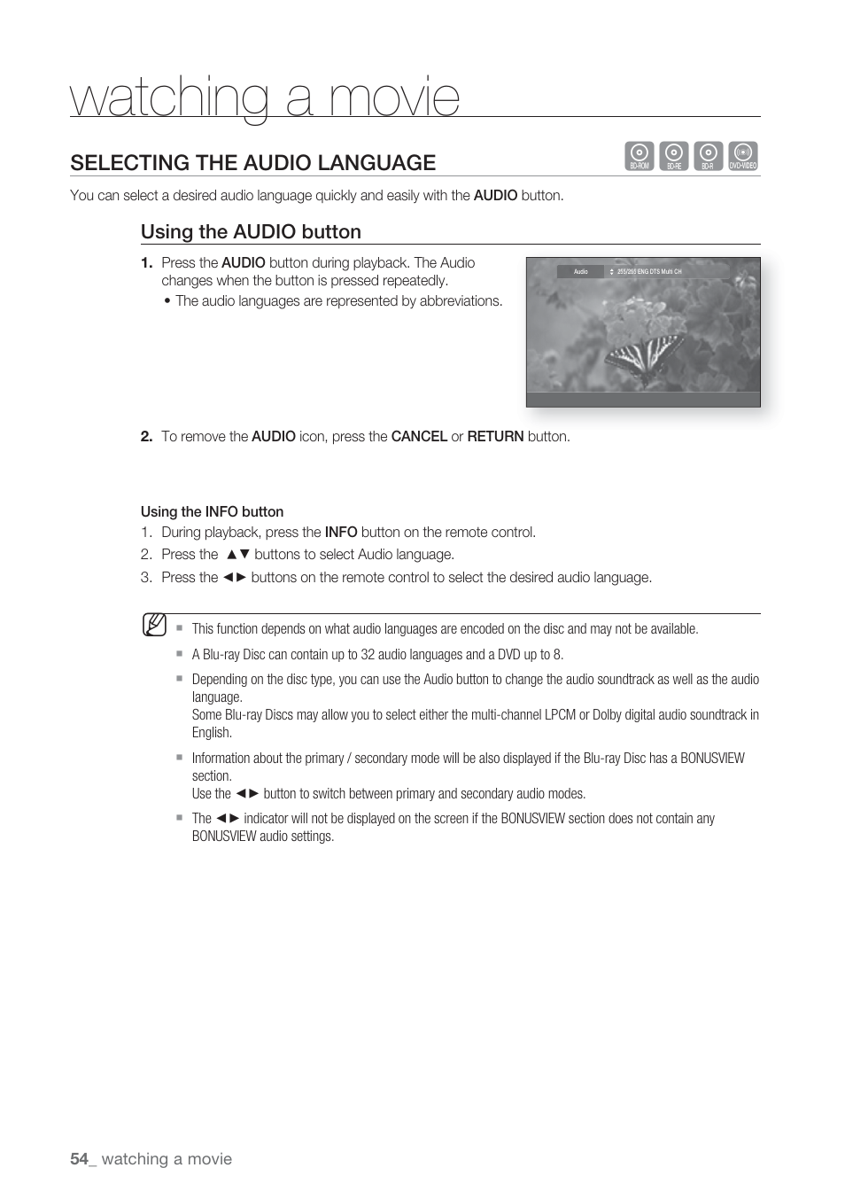 Selecting the audio language, Watching a movie, Hgfz | Samsung BD-P1500-XAA User Manual | Page 54 / 67