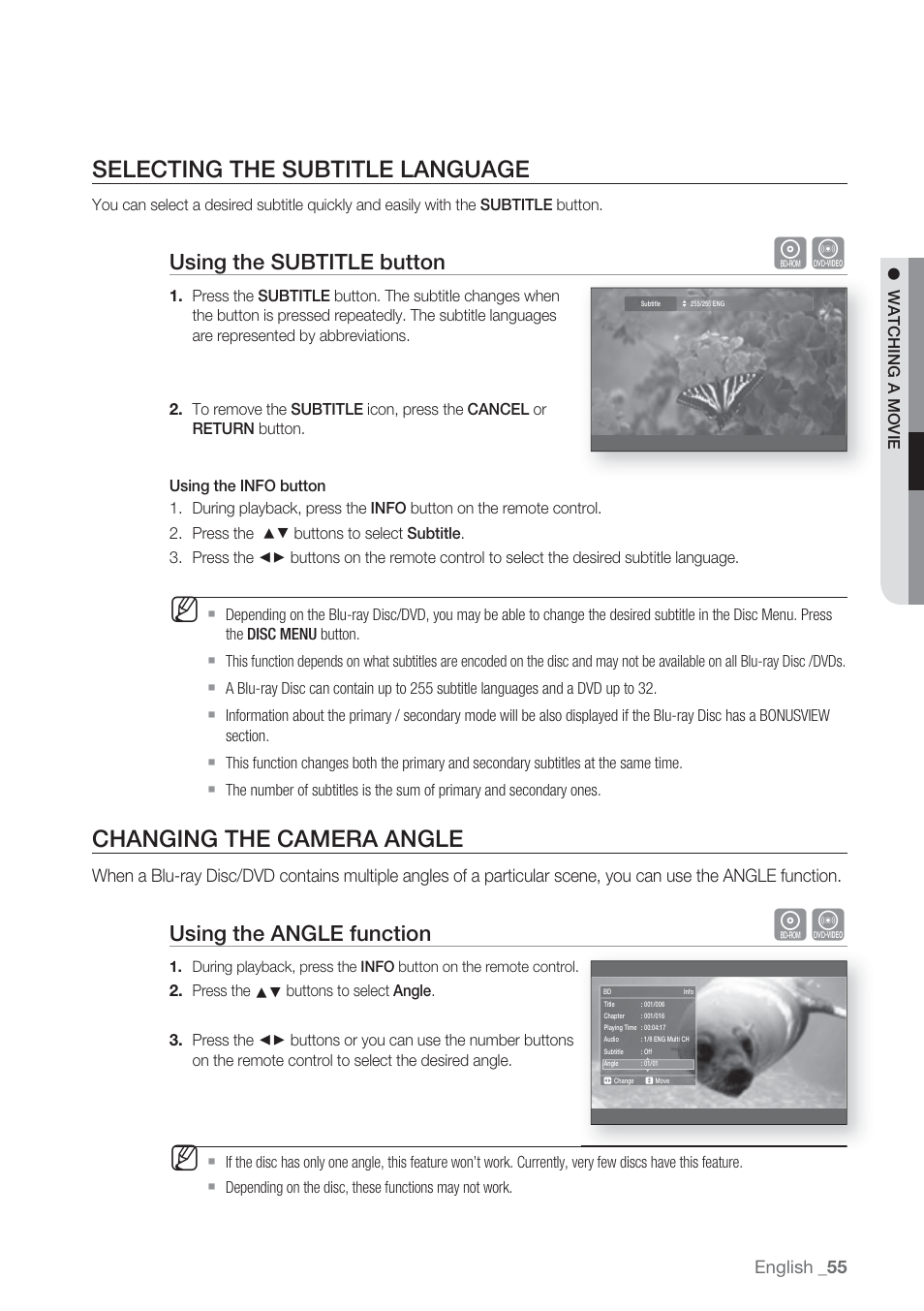 Selecting the subtitle language, Changing the camera angle, Using the subtitle button | Using the angle function | Samsung BD-P1500-XAA User Manual | Page 55 / 67
