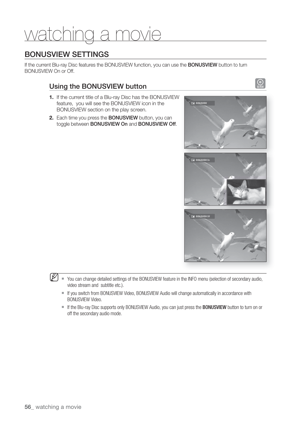 Bonusview settings, Watching a movie | Samsung BD-P1500-XAA User Manual | Page 56 / 67