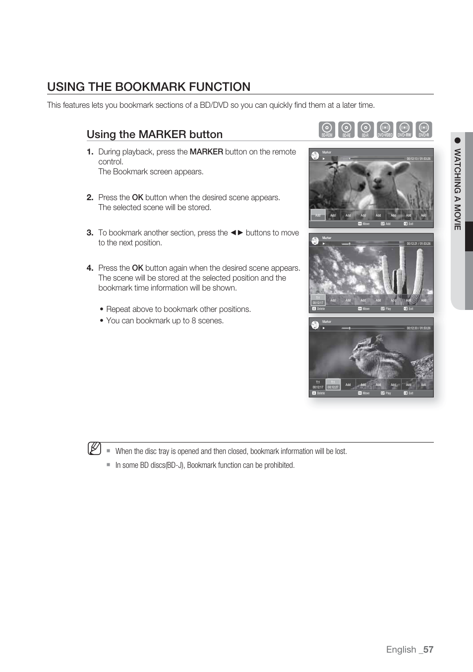 Using the bookmark function, Hgfzcv, Using the marker button | English, Watching a movie | Samsung BD-P1500-XAA User Manual | Page 57 / 67
