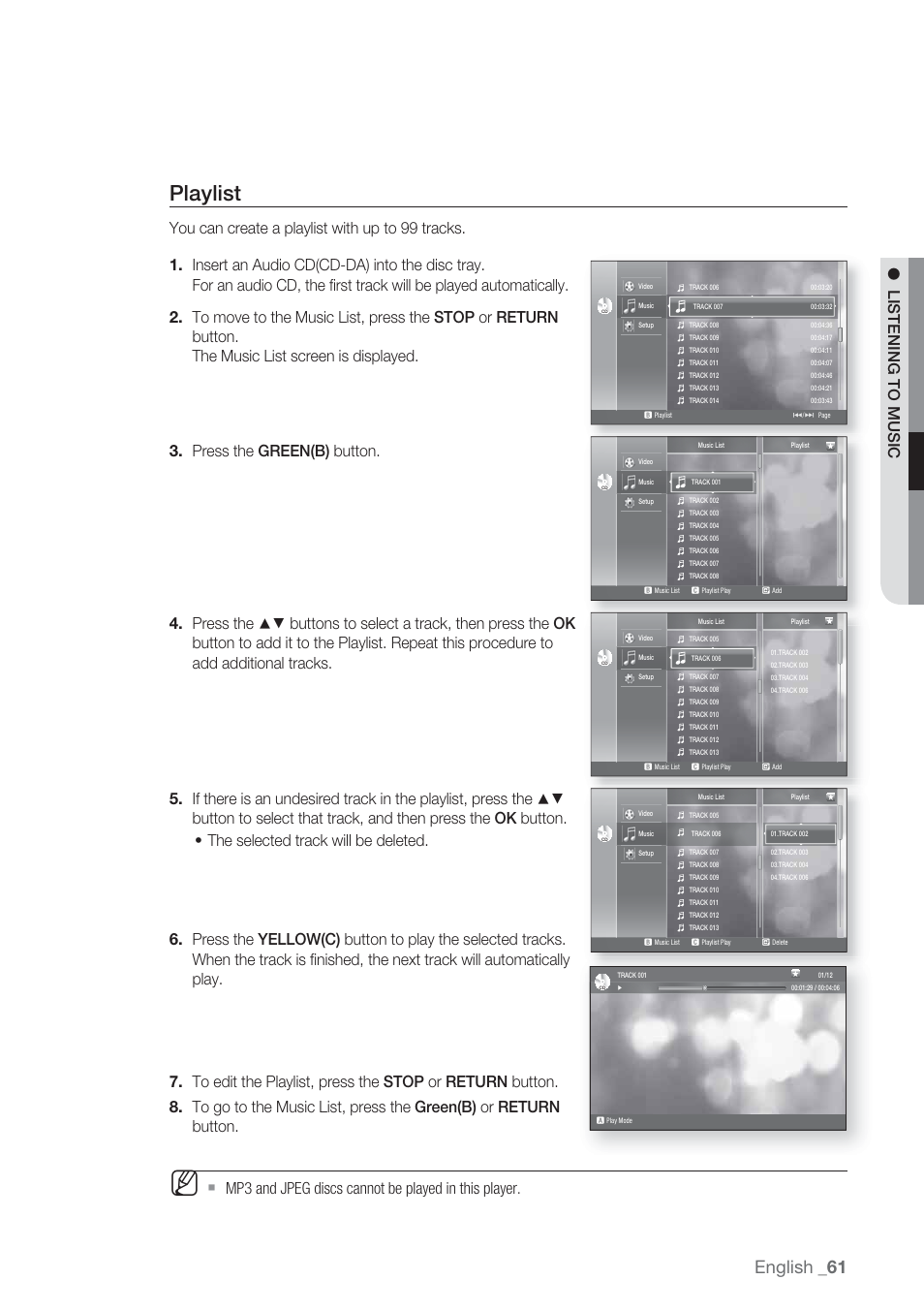 Playlist, English, Listening to music | Samsung BD-P1500-XAA User Manual | Page 61 / 67