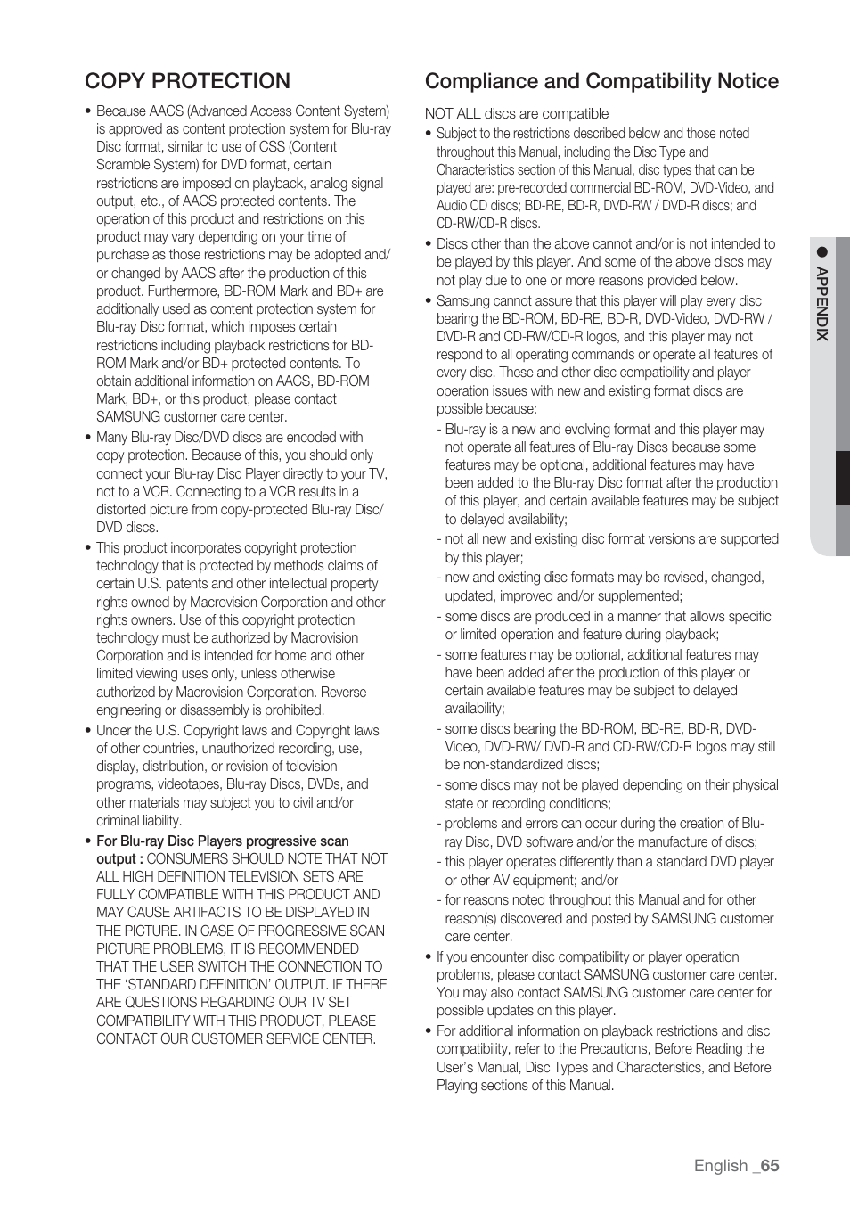 Copy protection, Compliance and compatibility notice | Samsung BD-P1500-XAA User Manual | Page 65 / 67