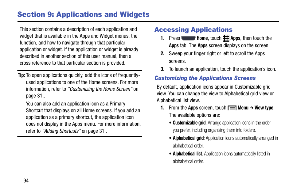 Section 9: applications and widgets, Accessing applications, Customizing the applications screens | Samsung SCH-L710MBBXAR User Manual | Page 100 / 176