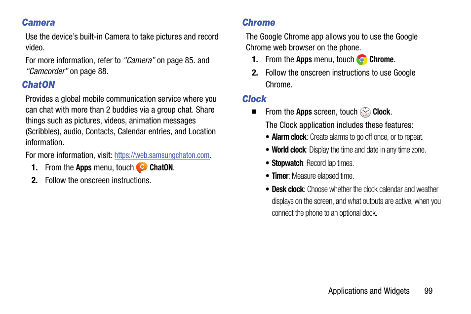 Camera, Chaton, Chrome | Clock | Samsung SCH-L710MBBXAR User Manual | Page 105 / 176