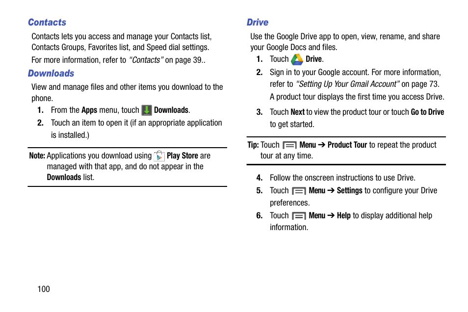 Contacts, Downloads, Drive | Samsung SCH-L710MBBXAR User Manual | Page 106 / 176