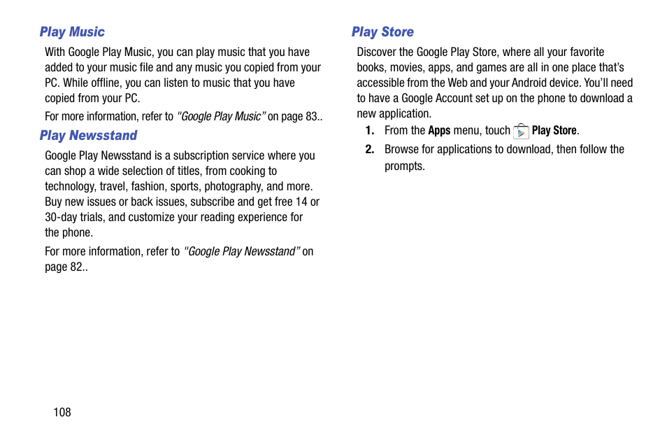 Play music, Play newsstand, Play store | Samsung SCH-L710MBBXAR User Manual | Page 114 / 176