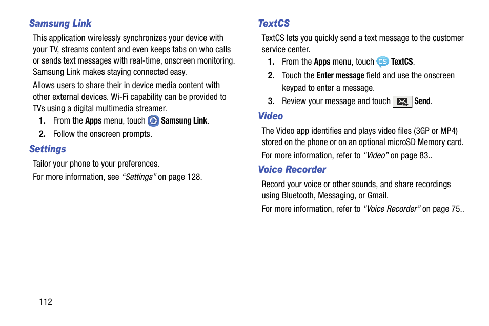 Samsung link, Settings, Textcs | Video, Voice recorder | Samsung SCH-L710MBBXAR User Manual | Page 118 / 176