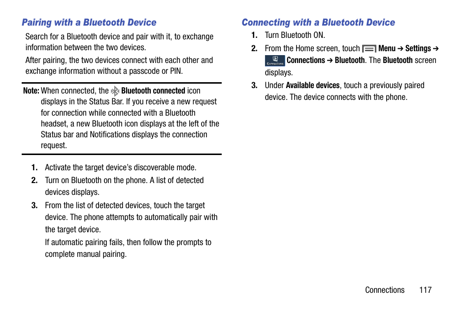 Pairing with a bluetooth device, Connecting with a bluetooth device | Samsung SCH-L710MBBXAR User Manual | Page 123 / 176