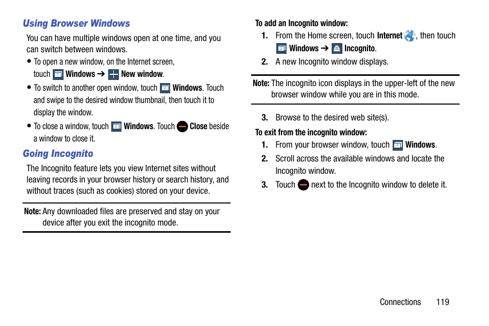 Using browser windows, Going incognito | Samsung SCH-L710MBBXAR User Manual | Page 125 / 176