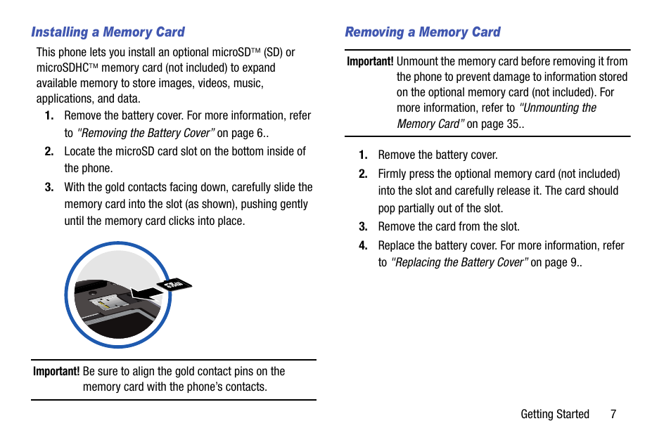 Installing a memory card, Removing a memory card | Samsung SCH-L710MBBXAR User Manual | Page 13 / 176