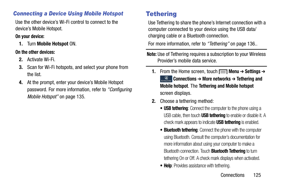 Connecting a device using mobile hotspot, Tethering | Samsung SCH-L710MBBXAR User Manual | Page 131 / 176