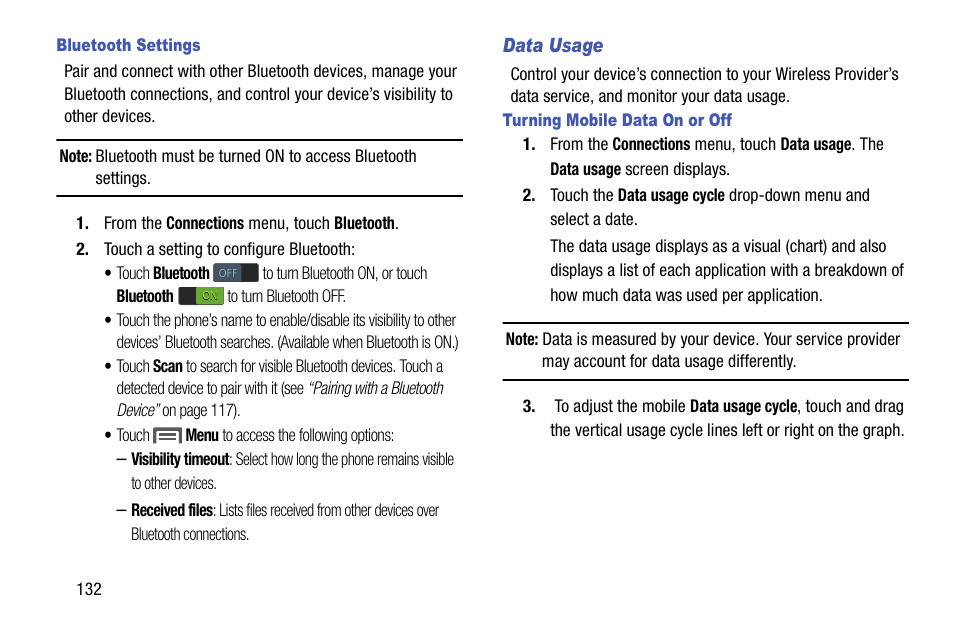 Bluetooth settings, Data usage, Turning mobile data on or off | Ta. for | Samsung SCH-L710MBBXAR User Manual | Page 138 / 176