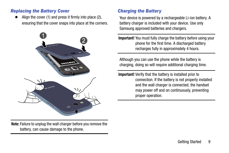 Replacing the battery cover, Charging the battery, For more information, refer | Samsung SCH-L710MBBXAR User Manual | Page 15 / 176