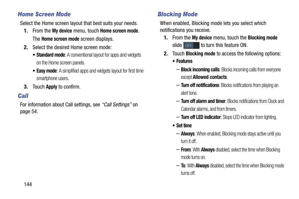 Home screen mode, Call, Blocking mode | Samsung SCH-L710MBBXAR User Manual | Page 150 / 176