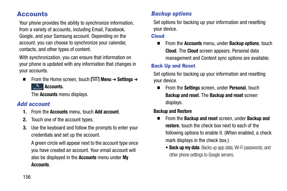 Accounts, Add account, Backup options | Cloud, Back up and reset | Samsung SCH-L710MBBXAR User Manual | Page 162 / 176