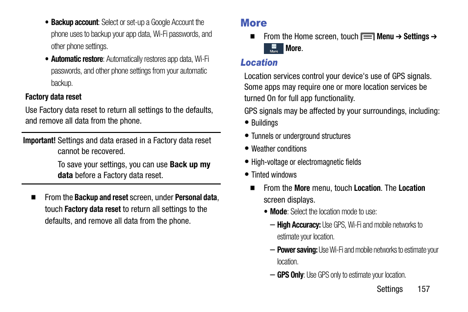 More, Location, Ices on or off. for more information | Samsung SCH-L710MBBXAR User Manual | Page 163 / 176