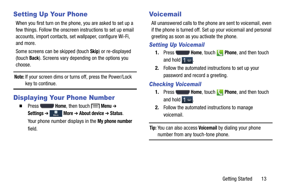 Setting up your phone, Displaying your phone number, Voicemail | Setting up voicemail, Checking voicemail | Samsung SCH-L710MBBXAR User Manual | Page 19 / 176