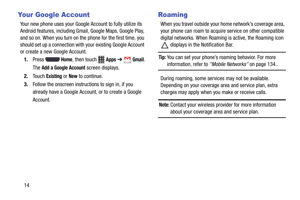 Your google account, Roaming, Your google account roaming | Samsung SCH-L710MBBXAR User Manual | Page 20 / 176