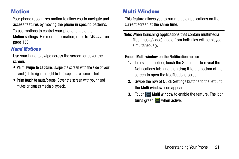 Motion, Hand motions, Multi window | Motion multi window | Samsung SCH-L710MBBXAR User Manual | Page 27 / 176
