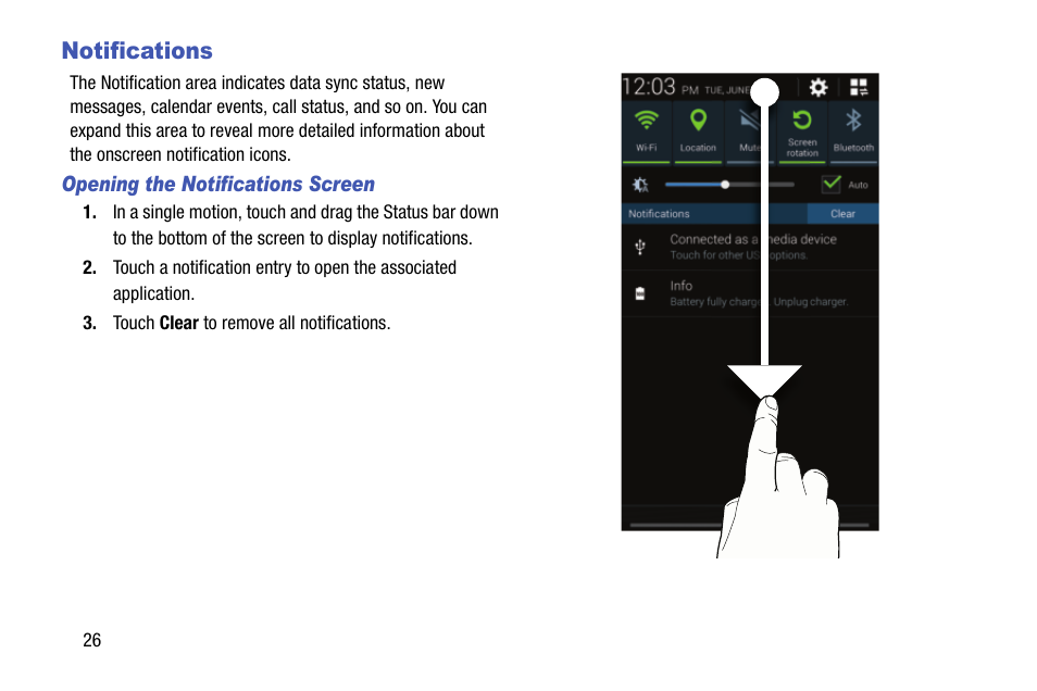 Notifications, Opening the notifications screen | Samsung SCH-L710MBBXAR User Manual | Page 32 / 176