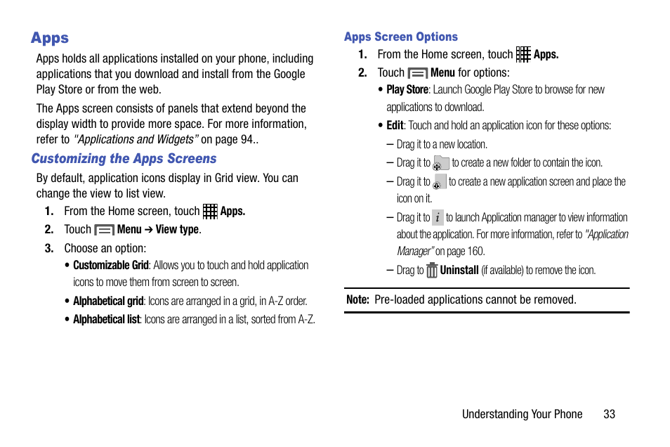 Apps, Customizing the apps screens, Apps screen options | Samsung SCH-L710MBBXAR User Manual | Page 39 / 176