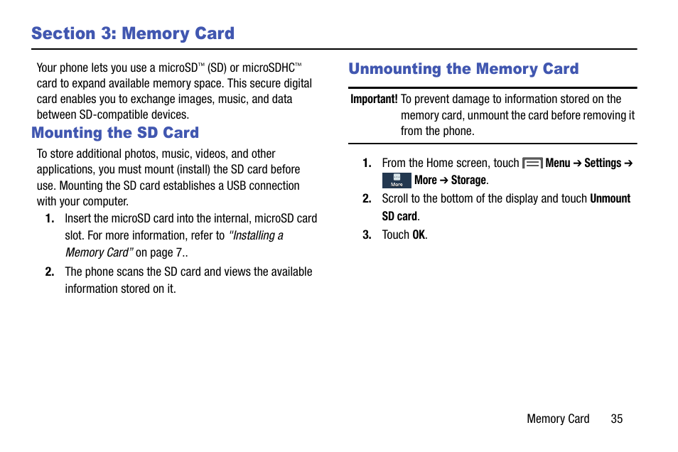 Section 3: memory card, Mounting the sd card, Unmounting the memory card | Mounting the sd card unmounting the memory card | Samsung SCH-L710MBBXAR User Manual | Page 41 / 176