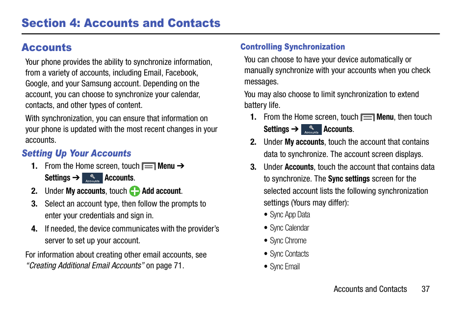 Section 4: accounts and contacts, Accounts, Setting up your accounts | Controlling synchronization | Samsung SCH-L710MBBXAR User Manual | Page 43 / 176